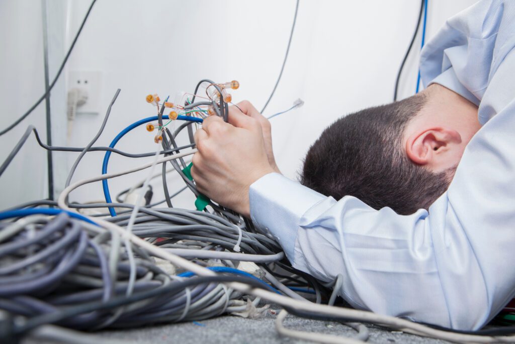 A business man frustrated in a mess of cables.