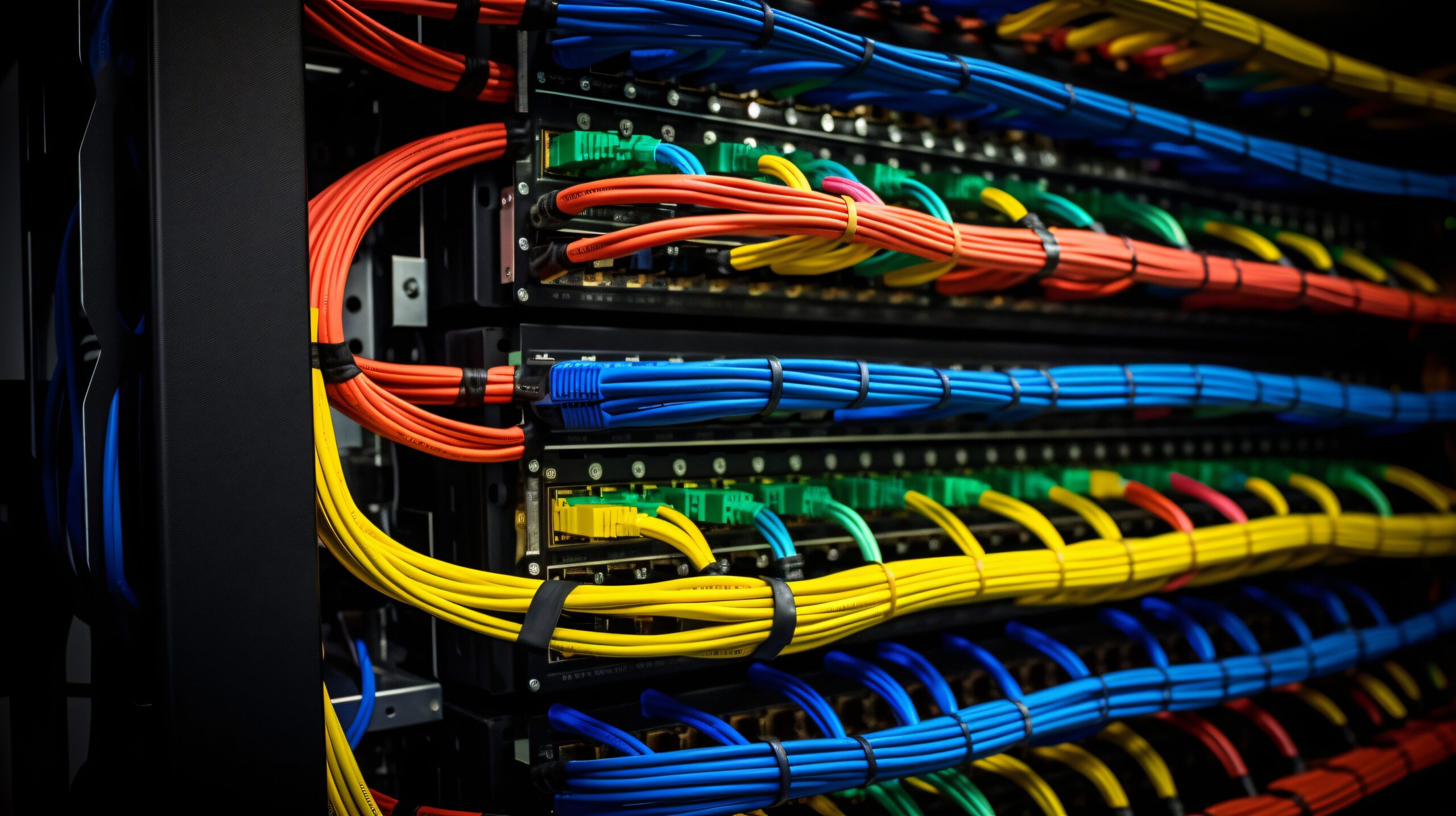 A close-up shot of a networking cabling management system.