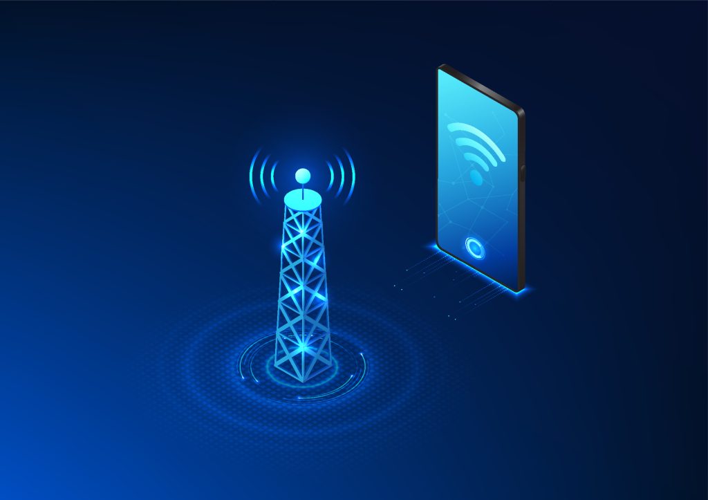 A digital representation of a telephony tower and a cell phone.