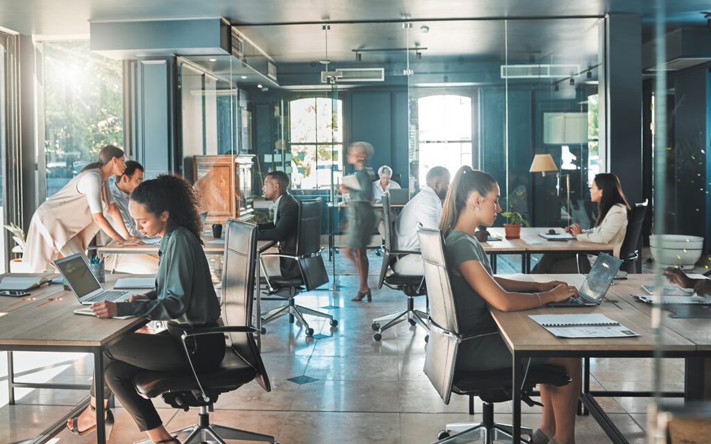 A large open office space occupied by a dozen employees.